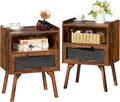 Lerliuo Rattan Nightstands Set of 2, Boho Side Table with Drawer Open Shelf, Cane Accent Bedside End Table with Solid Wood Legs for Bedroom, Dorm and Small Spaces (Brown)