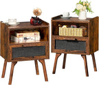 Lerliuo Rattan Nightstands Set of 2, Boho Side Table with Drawer Open Shelf, Cane Accent Bedside End Table with Solid Wood Legs for Bedroom, Dorm and Small Spaces (Brown)