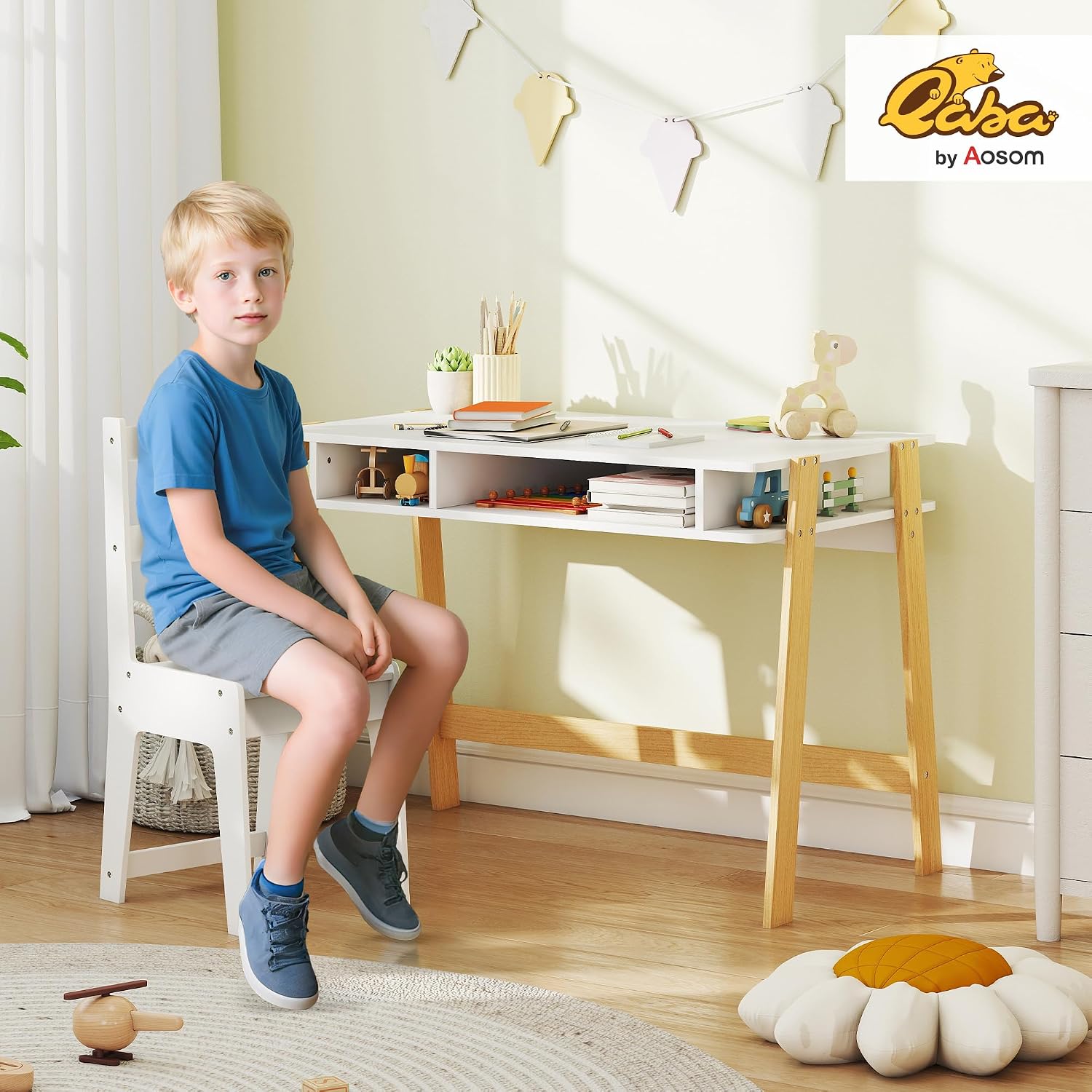 Qaba Kids Desk and Chair Set for 3-12 Years Old, Children Study Desk with Storage Compartment, Student Writing Table Computer Workstation for Home Bedroom School Use