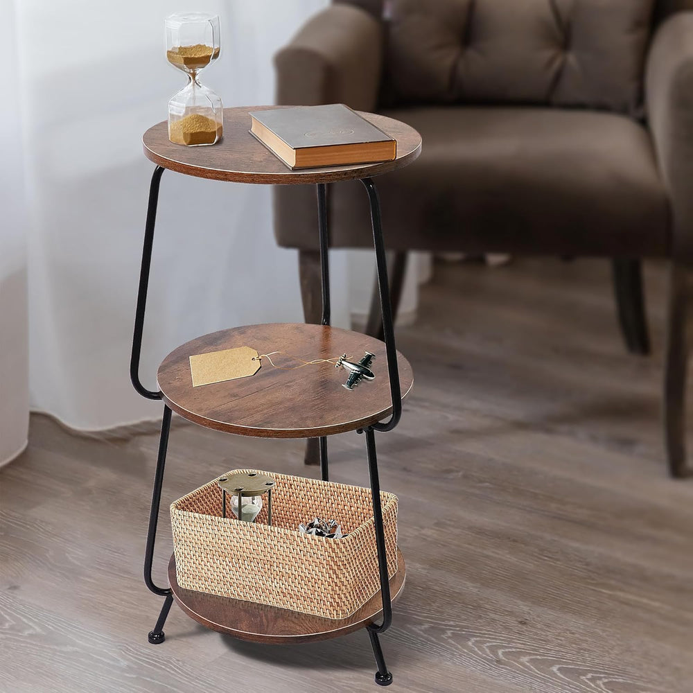 Small Round Side Table - 3 Tier End Table with Storage Shelf, Slim Industrial...