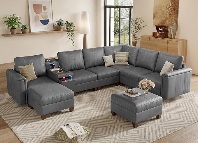SITJOY 132" Faux Leather Modular Sectional Sofa with Storage, Mid Century Modern Sectional Couches for Living Room, 8 Seat V Shaped Couch with Ottoman and Console Table, Hidden Cupholders, Gray