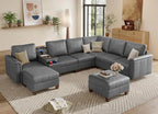 SITJOY 132" Faux Leather Modular Sectional Sofa with Storage, Mid Century Modern Sectional Couches for Living Room, 8 Seat V Shaped Couch with Ottoman and Console Table, Hidden Cupholders, Gray