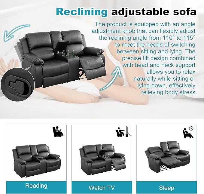 Recliner Sofa Set Couches for Living Room Chair Semi PU Fabric Living Room Furniture Sets, Adjusted Loveseat Reclining Couch Furniture Sofa Set for Theater Seating, Black
