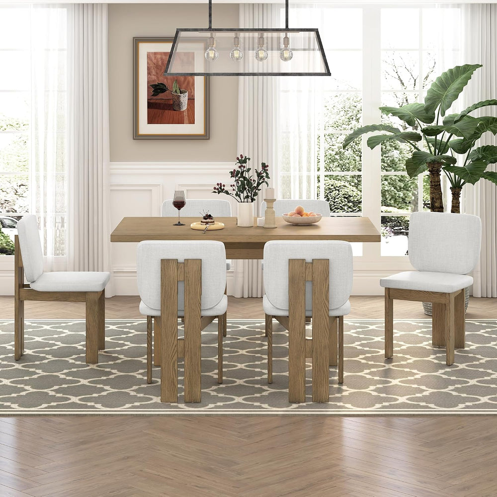 Merax Wood Dining Table Set for 6, Rectangular Tabletop/Upholstered Chairs/Re...