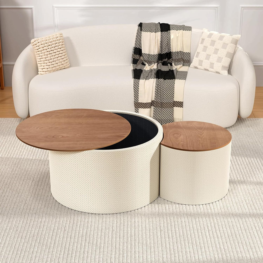 Round Nesting Coffee Table Set of 2 with Hidden Storage | Faux Leather Diamon...