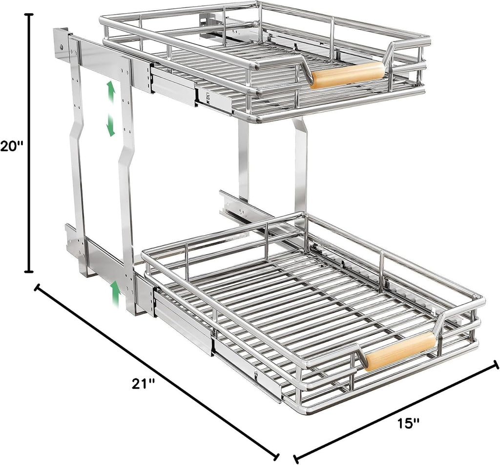 Pull out Cabinet Organizer, 2 Tiers 15"W X 21"D, Heavy Duty Smooth Sliding Under Cabinet Shelves for Pots and Pans, Full-Extension Roll out Drawers, Slide out Organization for Home Kitchen Pantry