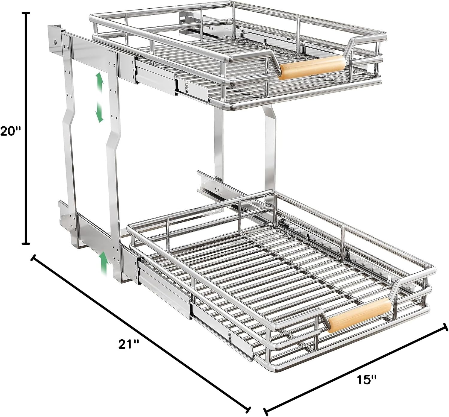 Pull out Cabinet Organizer, 2 Tiers 15"W X 21"D, Heavy Duty Smooth Sliding Under Cabinet Shelves for Pots and Pans, Full-Extension Roll out Drawers, Slide out Organization for Home Kitchen Pantry