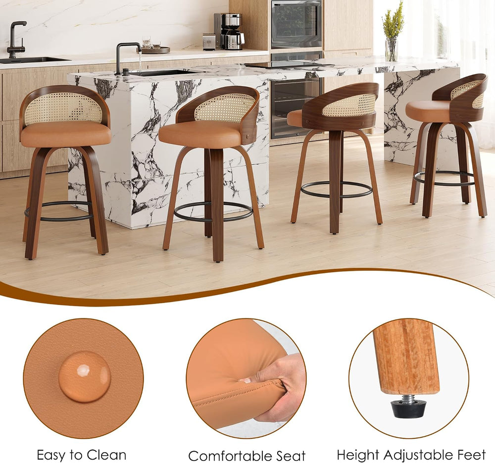 Yellow Bar Stools Set of 2 32.3" H 360° Swivel Rattan Back
