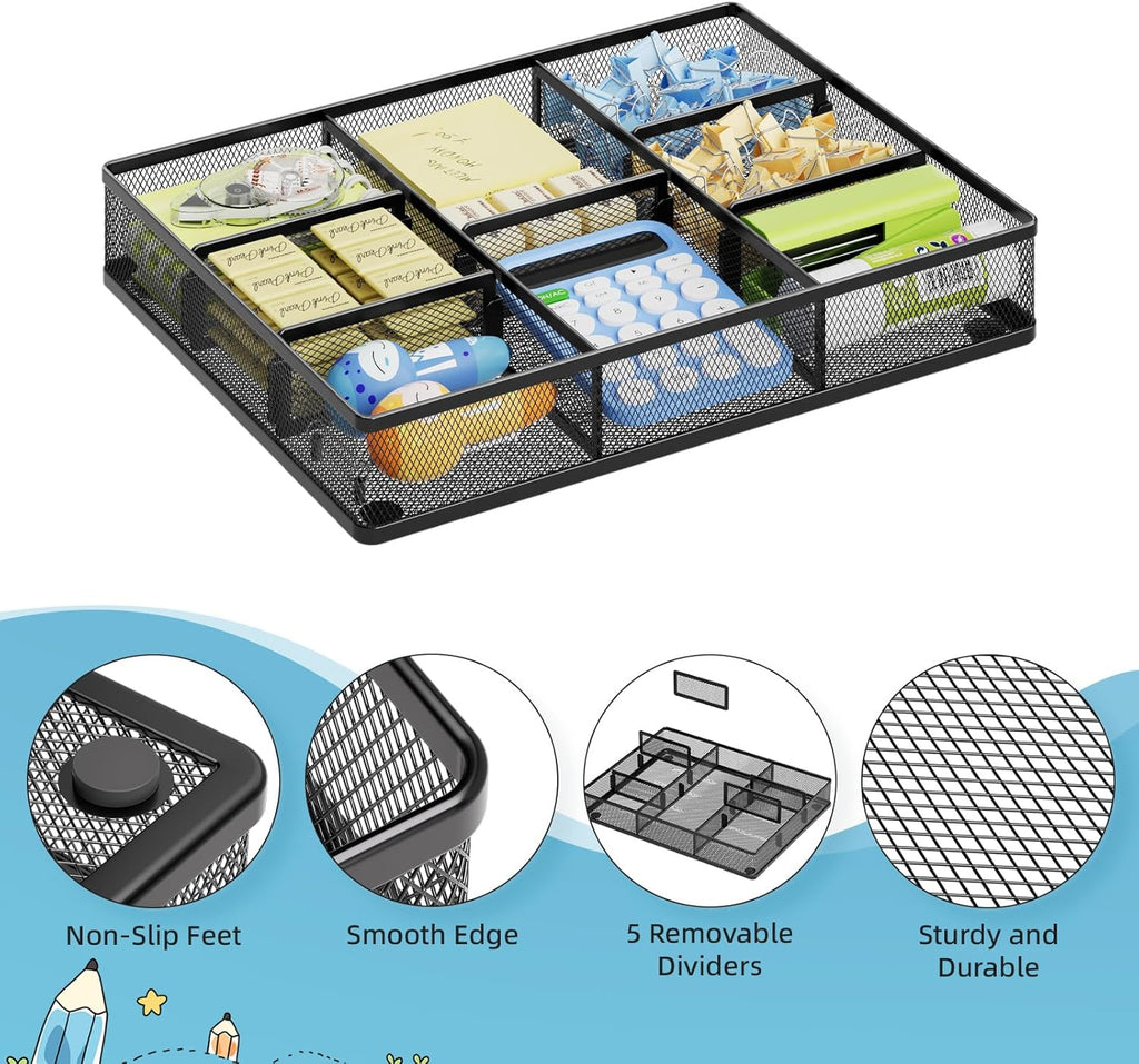 Marbrasse Desk Drawer Organizer, Metal Mesh Drawer Organizer Tray with 5 Adjustable Compartments,Desk Organizers and Accessories for Home,Office,Kitchen,Makeup,Vanity (Black)