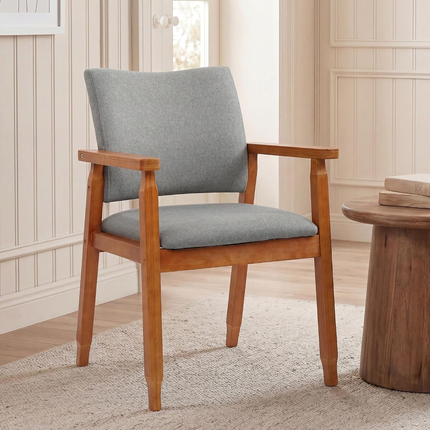 GOTMINSI Mid-Century Modern Linen Dining Chair with Arms, Solid Wood Frame, 320 lbs Weight Capacity, Upholstered Accent Chair for Kitchen Dining Room Living Room (Grey,1pc)