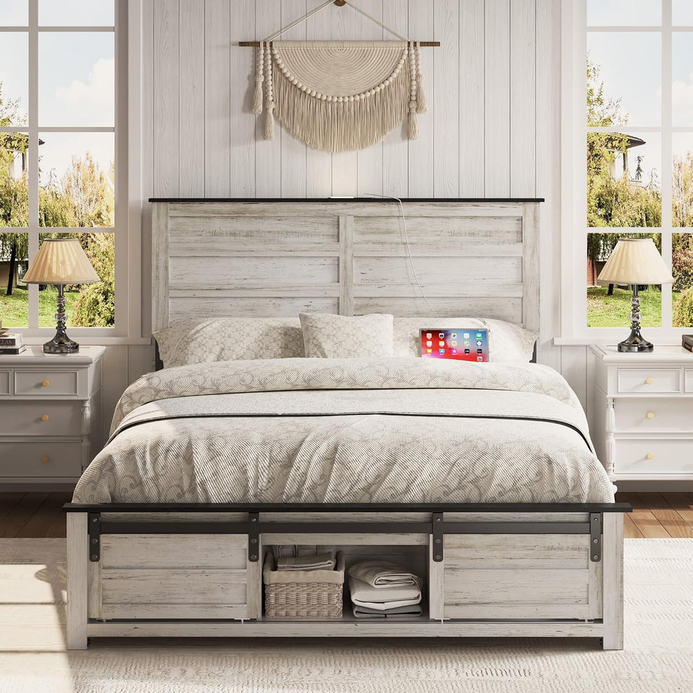 Full Size Wooden Bed Frame with Headboard and Storage Footboard
