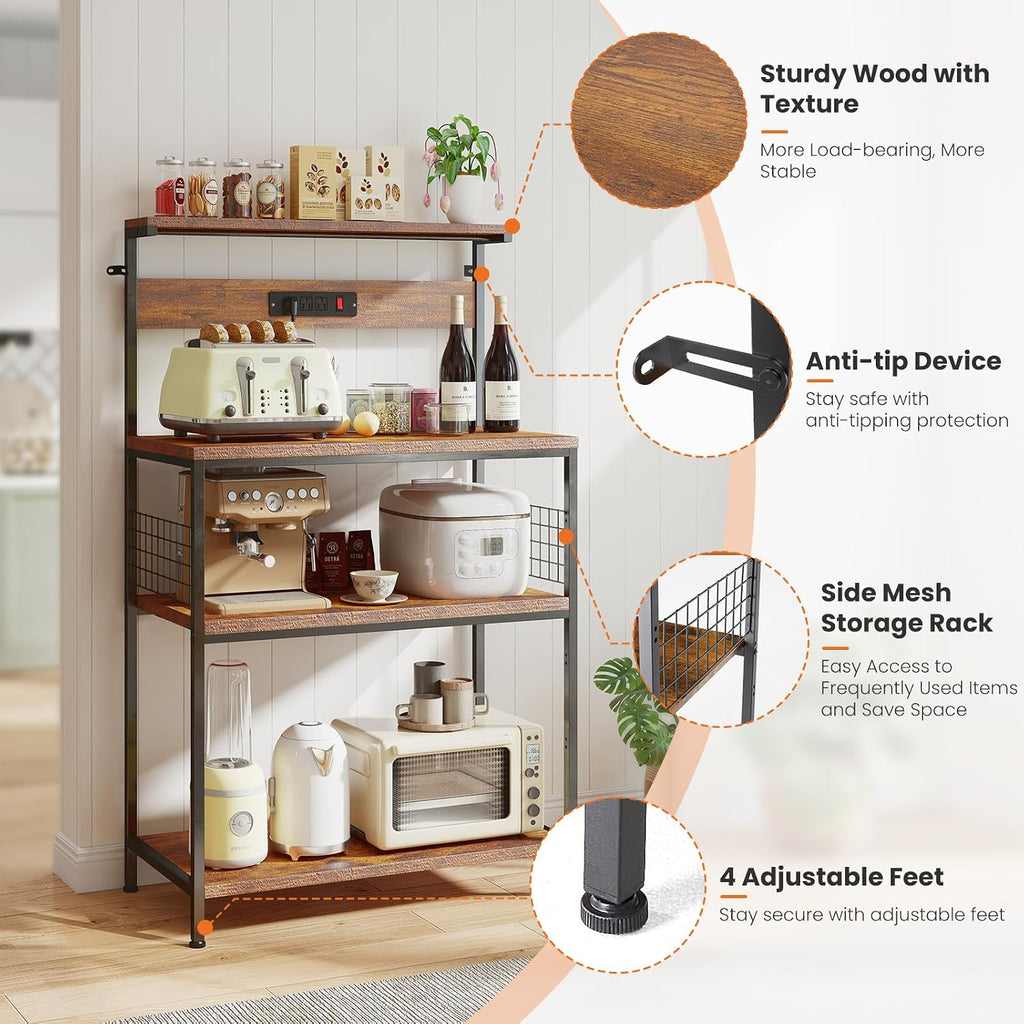 Sweetcrispy 23.6'' Small Bakers Rack with Power Outlet for Kitchen Storage | Microwave Stand with Adjustable Shelf for Coffee Bar Station, Small Apartment, Counter Space Saving, Rustic Brown