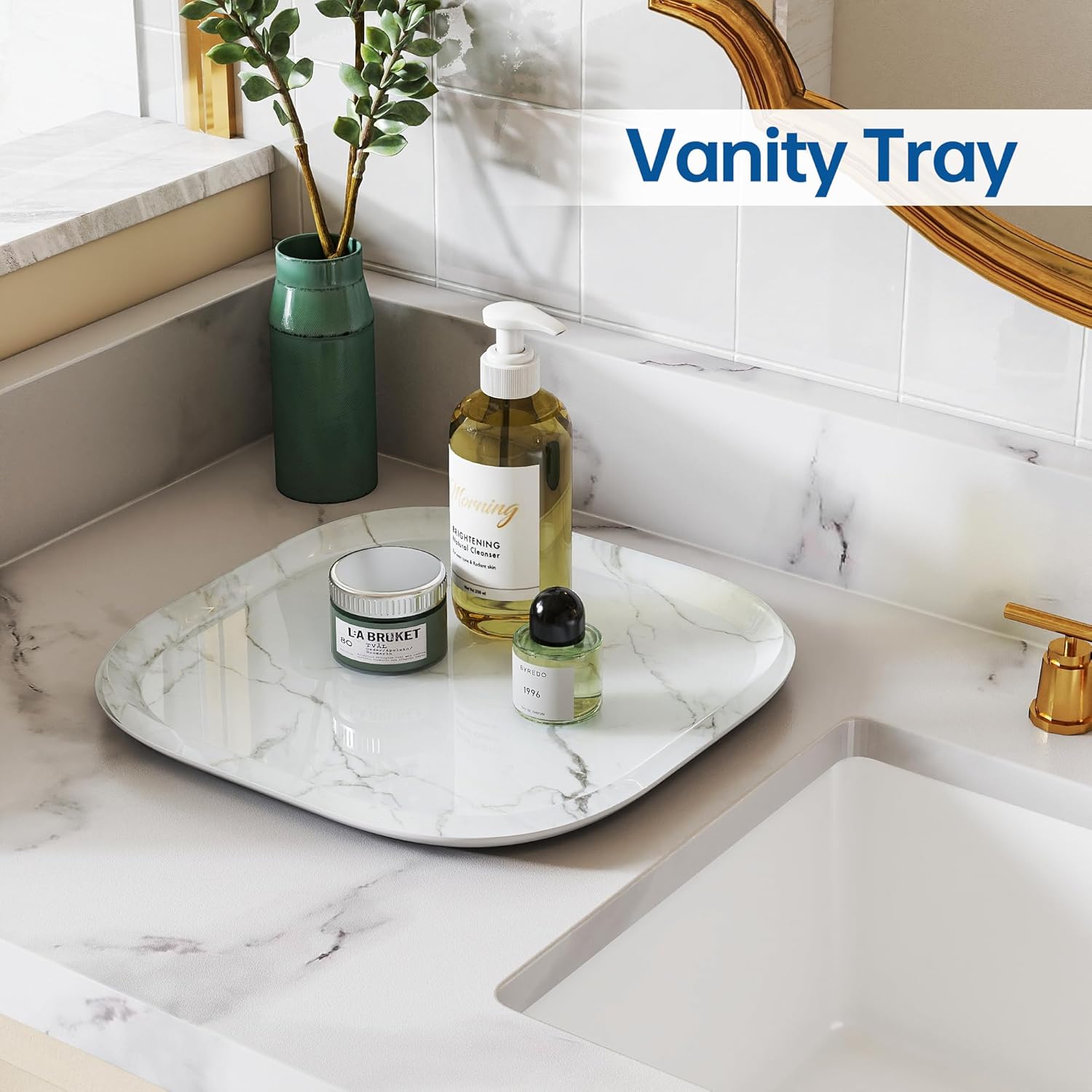 Vanity Decorative Tray, 12" x 12" White Marble Pattern Perfume Tray, Bathroom Tray Countertop Organizer for Soap Towel, Jewelry, Candle