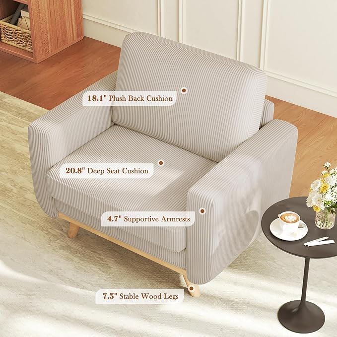 Vesgantti 38.5" Accent Chair Light Gray, Comfy Corduroy Single Sofa Seat with Spring Cushion, Upholstered Armchair with Deep Seat, Reading Chair for Adults, Modern Sofa for Living Room, Bedroom