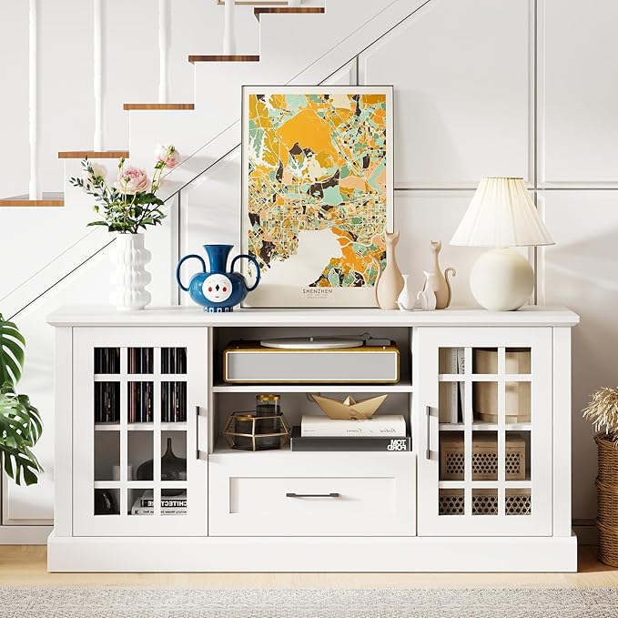 GOFLAME Farmhouse TV Stand for TVs up to 70", Entertainment Media Center Storage Cabinet with Glass Doors, Open Shelves & Drawer, Wooden Television Console Table for Living Room (White)