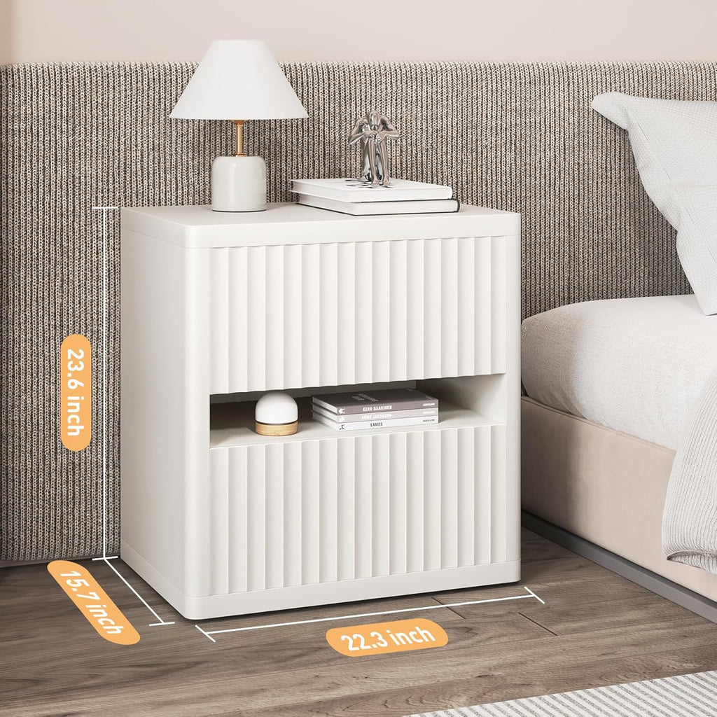Dripex Fluted Nightstand with 2 Drawers, Large Wide Wood Night Stand Bedside Tables for Bedroom, Mid-Century Modern Storage Bed Side Table, End Tables for Living Room Sofa Couch, White, Set of 1