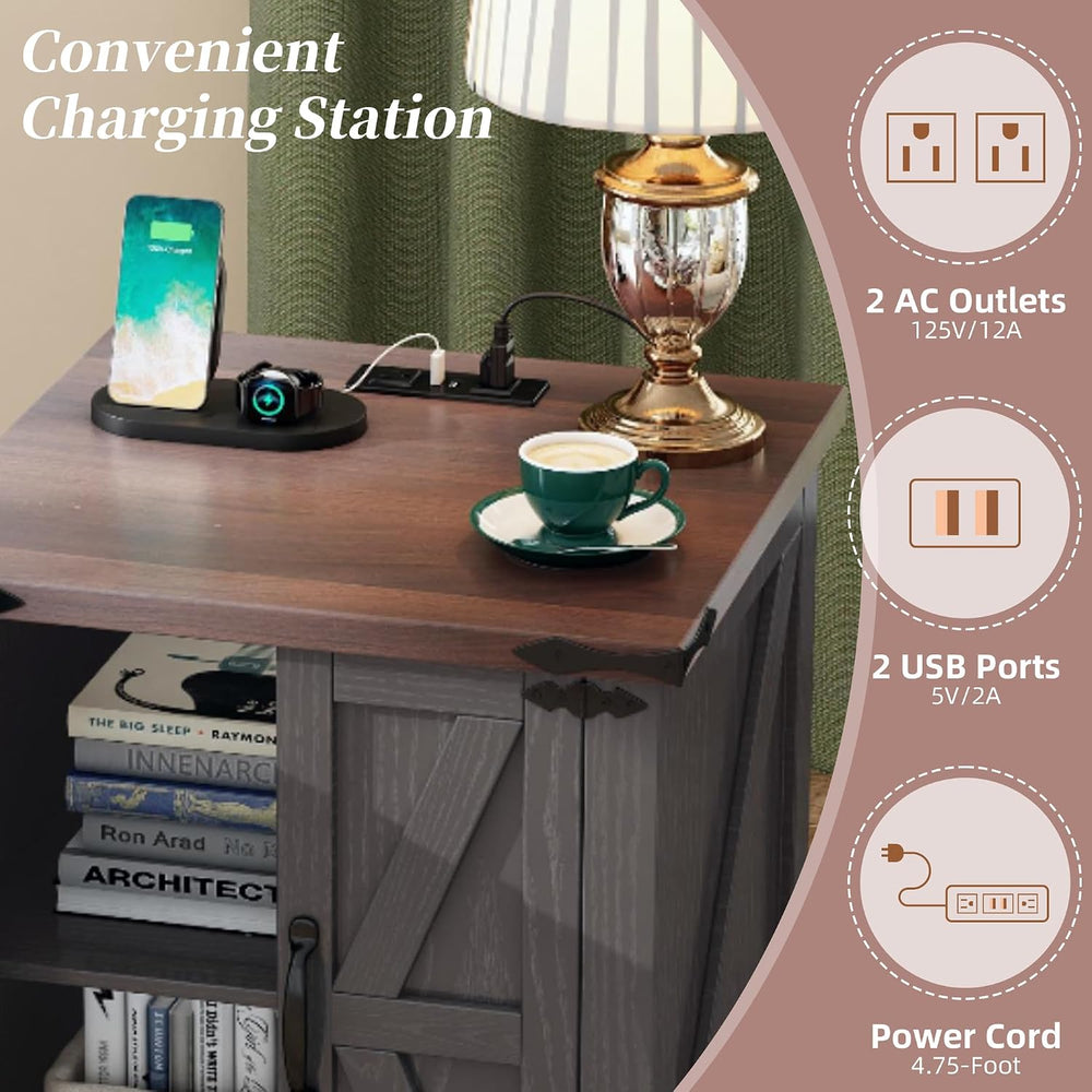 Merax Farmhouse End Table with Charging Station, Rustic Wood Nightstand with ...