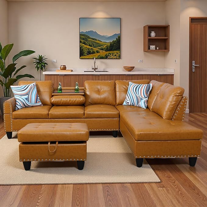 Sectional Couches for Living Room with Movable Chaise & Storage Ottoman - 97.5" Leather L Shaped Couches for Living Room Apartment, Home Modular Sectional Sofas with Cup Holder, Ginger