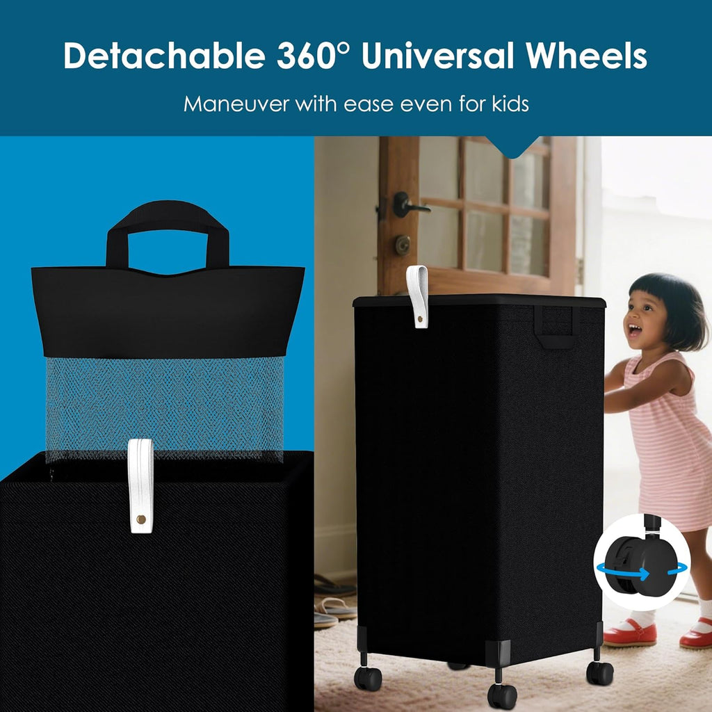 2Pcs Laundry Basket with Wheels 105L, Large Rolling Laundry Hamper with Removable Bag, Metal Frame Collapsible Dirty Clothes Bin, Cloth Organizer Hampers Pull Handle for Bathroom, Dorm, Bedroom Black