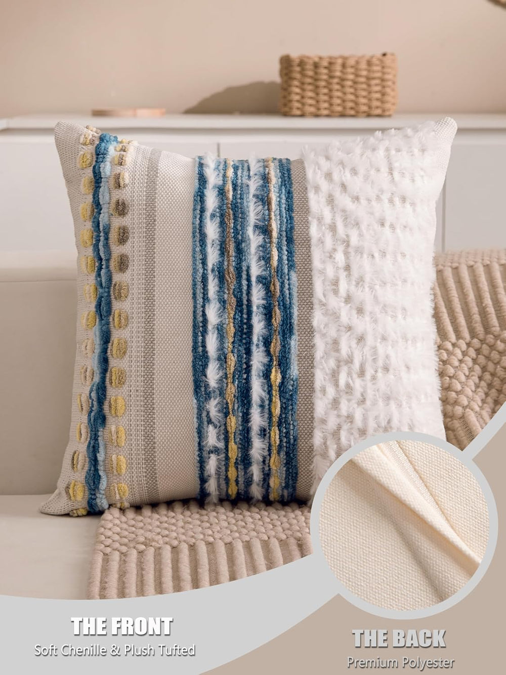 Boho Chenille Tufted Couch Throw Pillow Covers 18x18 Inch Set of 2 Farmhouse ...
