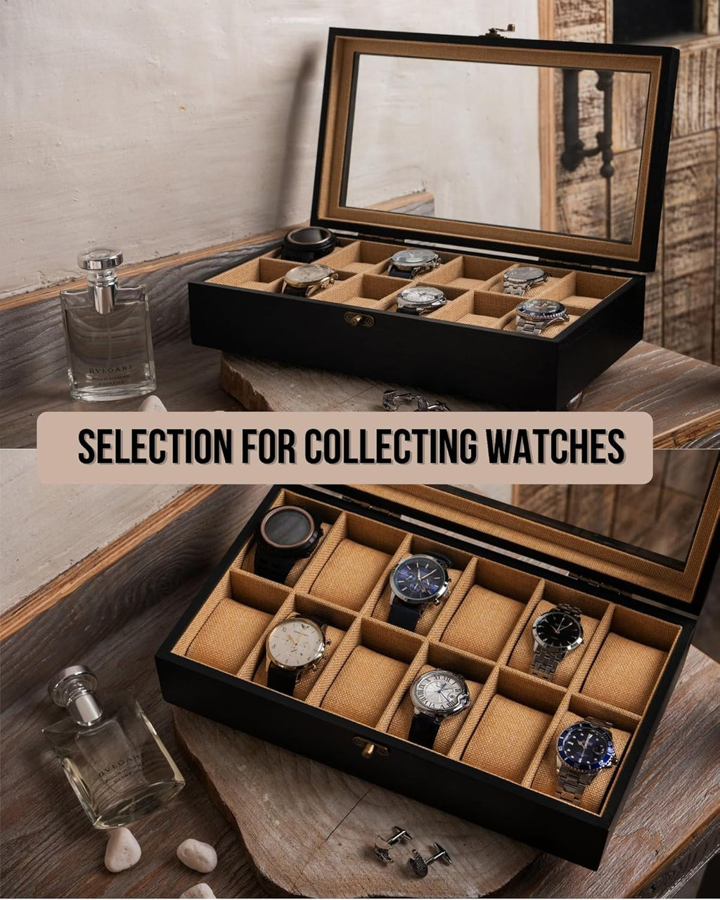 Watch Box, Watch Case for Men Women with Large Glass Lid, Wooden Watch Display Storage Box with 12 - Slots, Charcoal Black Mens Watch Box Organizer