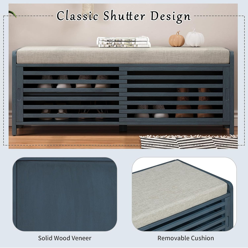 LUMISOL Shoe Bench with Storage and Cushion, Farmhouse Distressed Shutter Sto...