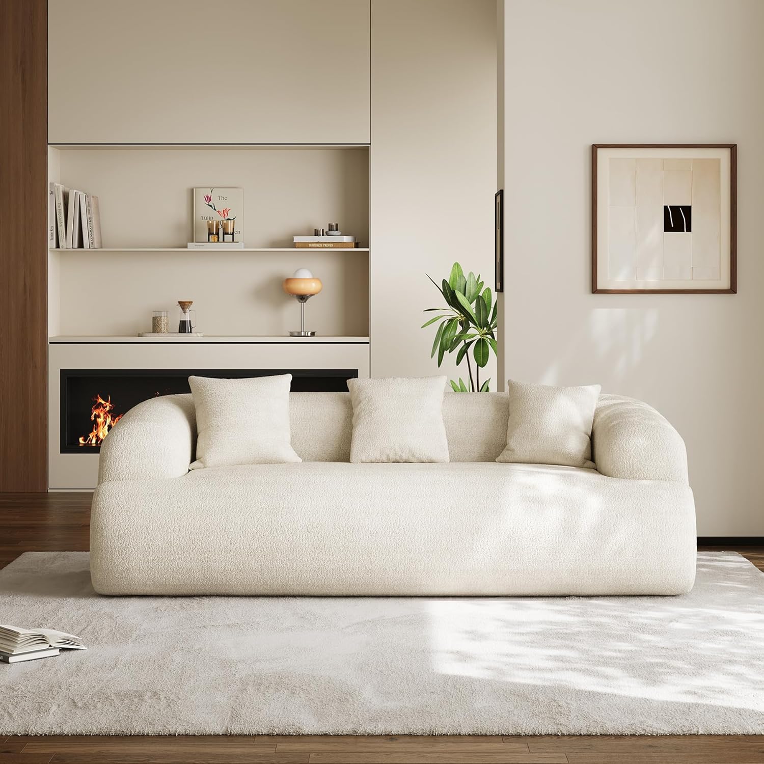 91" Modern Curved Couch,3 Seater Boneless Sofa & Deep Seat,Beige White | Cute Curve Sofa with Soft Chenille,High Foam and Oversized Deep for Modern Living Rooms, Bedrooms ,Apartments,No Assembly