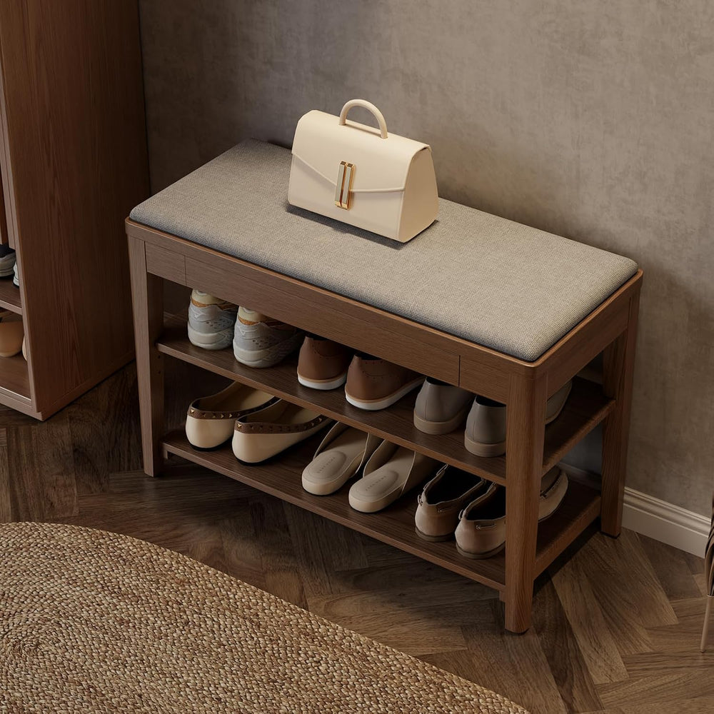 Small Shoe Bench with Storage, Wooden Shoe Storage Bench with Cushion&Hid...