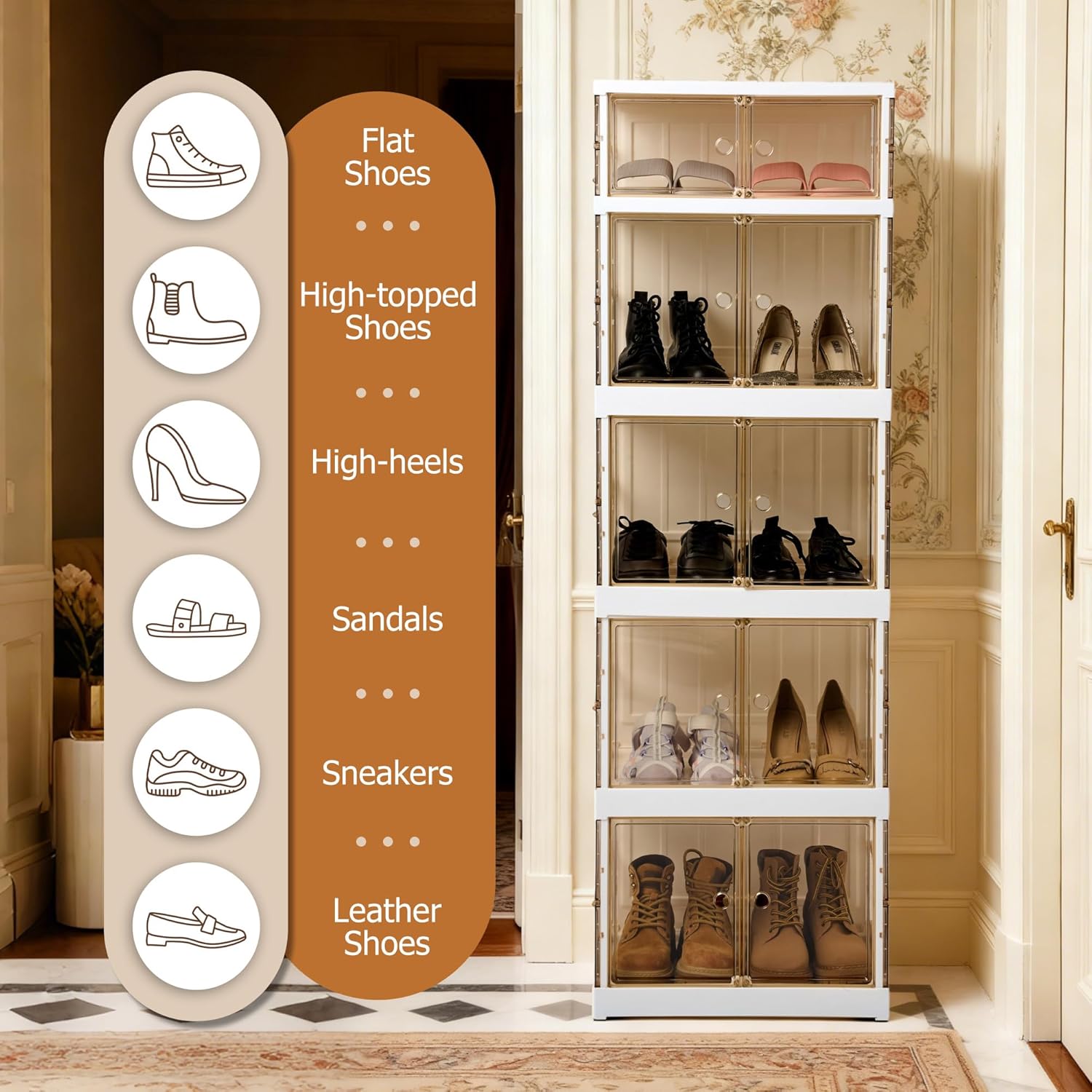 MGWILL Foldable Shoe Rack, Purse Organizers for Closet Plastic Clear Storage Box for Entryway, Large Sneaker Cabinet Bins Display Case for Collectibles with Magnetic Door 5 Tiers