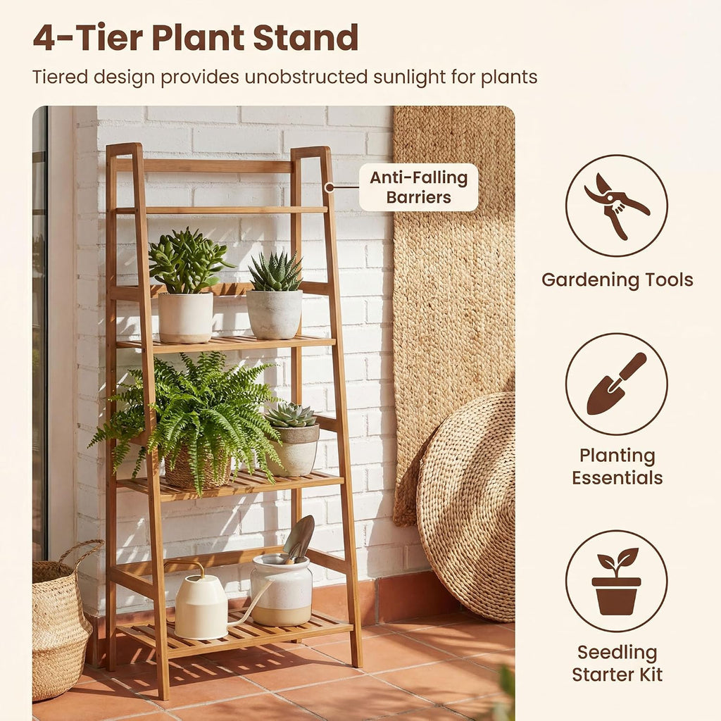 COSTWAY 4-Tier Ladder Shelf, Bamboo Plant Stand Rack, Freestanding Bookshelf, Multifunctional Storage Shelves, Flower Stand Rack Holder for Garden, Balcony, Living Room, Bedroom (Brown)