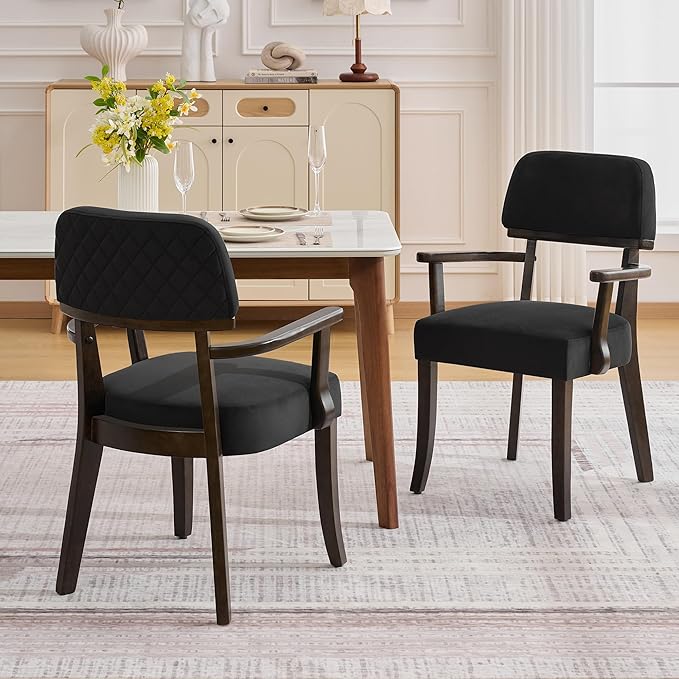Velvet Dining Chairs with Arms Set of 4, Upholstered Dining Room Chairs with Hardwood Legs & Open Curved Backrest,Modern Accent Kitchen Chairs 350 LBS Capacity, Black