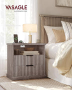VASAGLE MAXE Collection - Set of 2 Nightstands with Charging Station, Bedside Table, Side End Table with 2 Drawers, Open Shelf, 2 AC Outlets, 2 USB Ports, Transitional, Bedroom, Washed Gray ULET926G01
