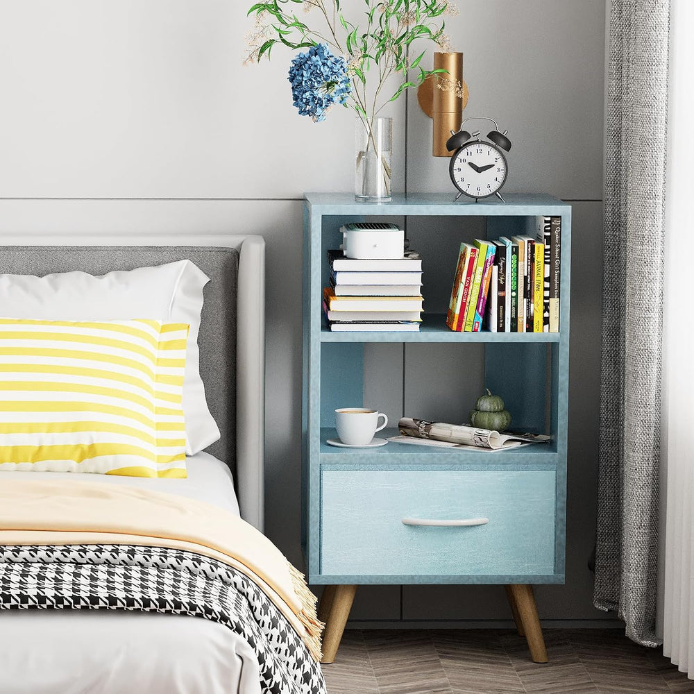 Aenuert Night Stand, Blue Nightstand with Drawer, Side Table with Open Storag...