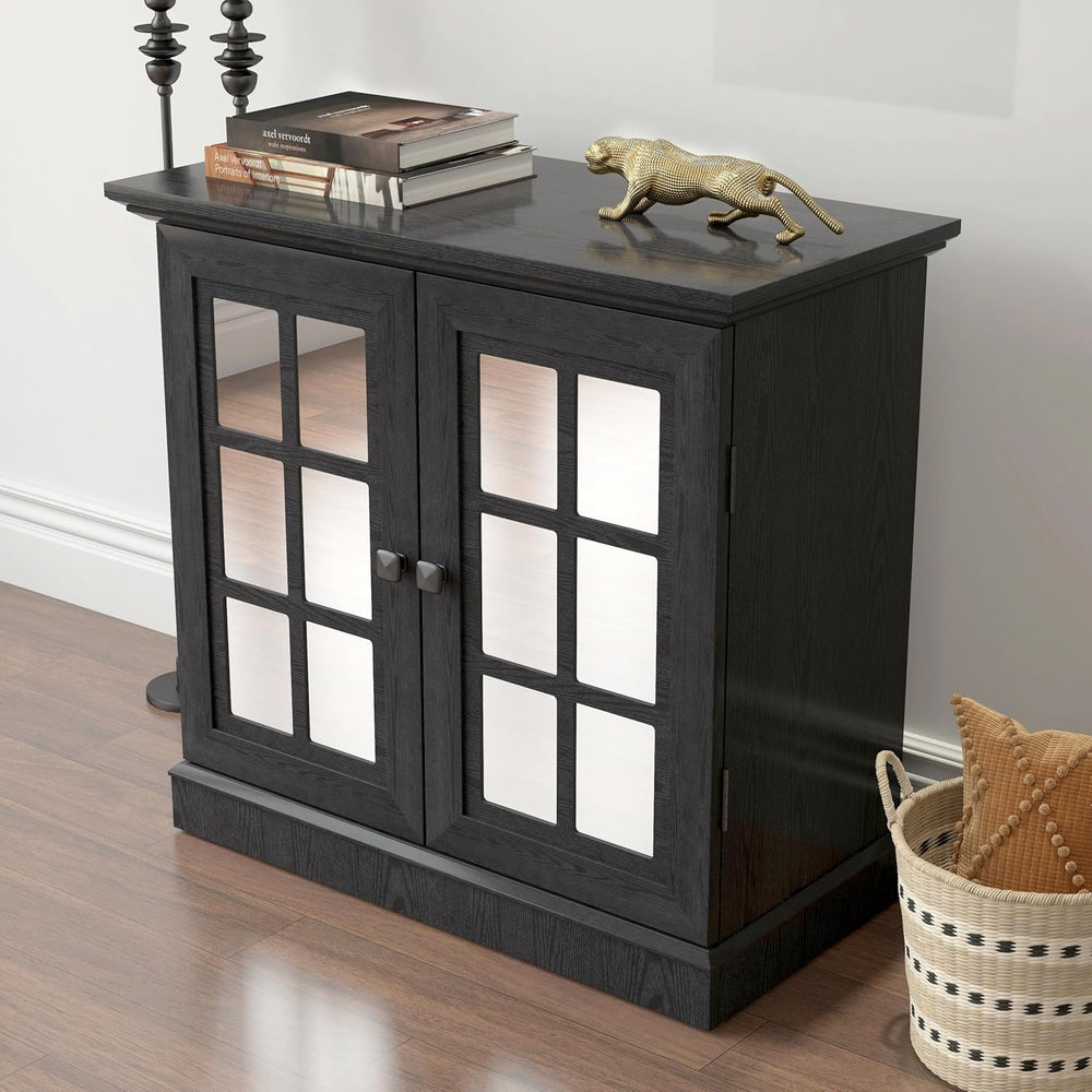 Storage Sideboard Cabinet with Mirrored Doors, Modern Buffet Cabinet w/Adjust...