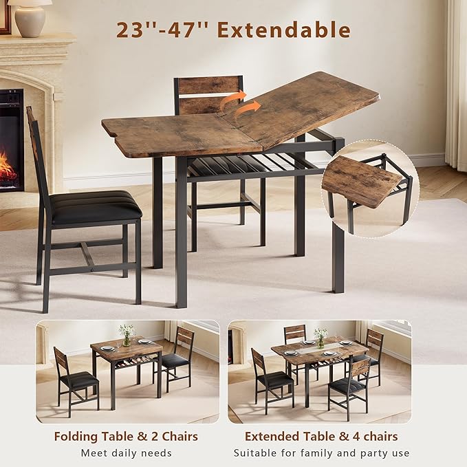 Dining Table Set for 4, Extendable Kitchen Table with 4 PU Leather Upholstered Dining Room Chairs, Wood Kitchen Table Set with Built-in Storage Rack for Dining & Small Spaces, Rustic Brown