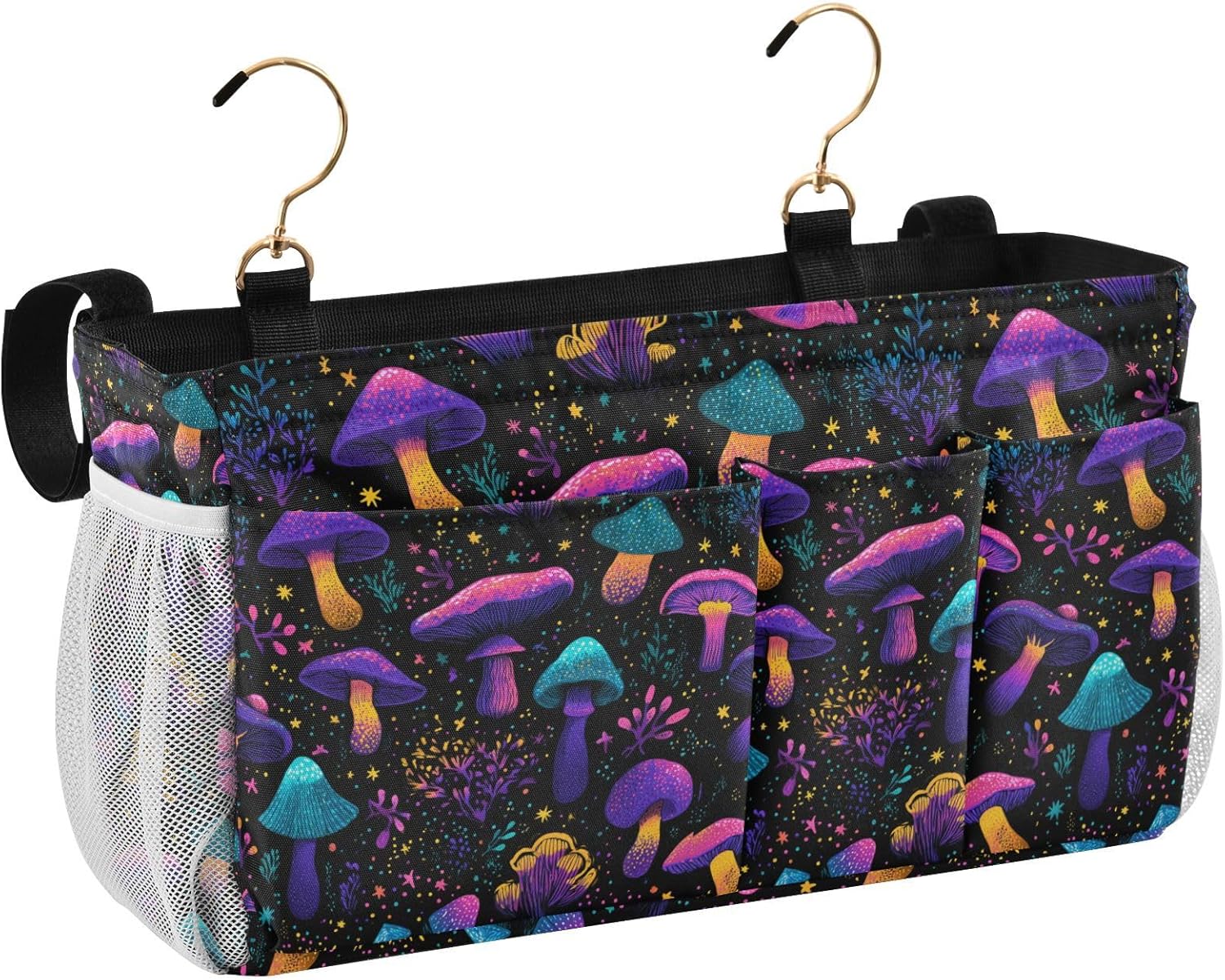 Neon-colored Mushrooms Stars Dots Bedside Caddy for Dorm Bed Bedside Hanging Caddy Bag Iron Frame Storage Organizer Pocket for Bunk Home College Hospital Beds 2 Hooks