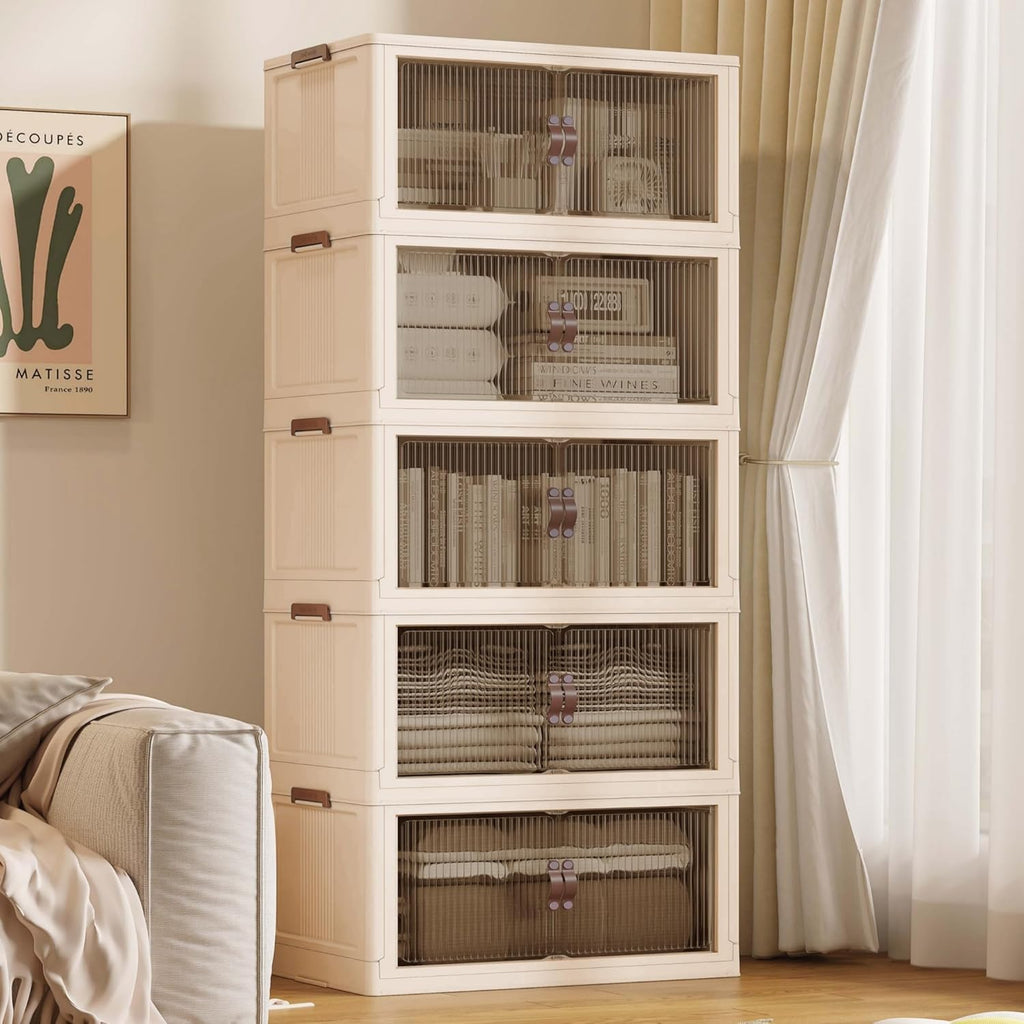 SAILUN 145Gal/580Qt Stackable Storage Bins Folding Collapsible Storage Bins with Lid, Closet Organizers and Storage Box with Door Beige 26" W x 17" D x 71" H