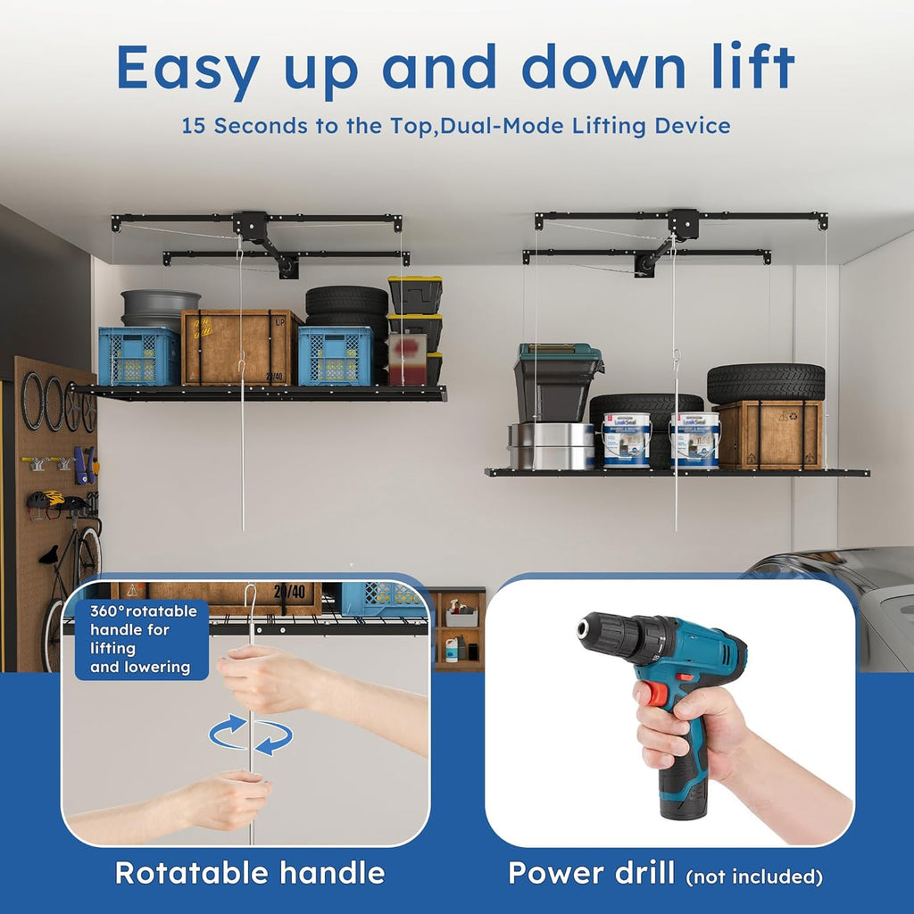 Montary 5x9 FT Overhead Garage Storage Rack for 10-12 FT Ceiling, Adjustable Ceiling Lifting Storage Rack with Safety Lock, 400LBS Capacity All-Steel Construction Heavy-Duty Garage Organizer Rack
