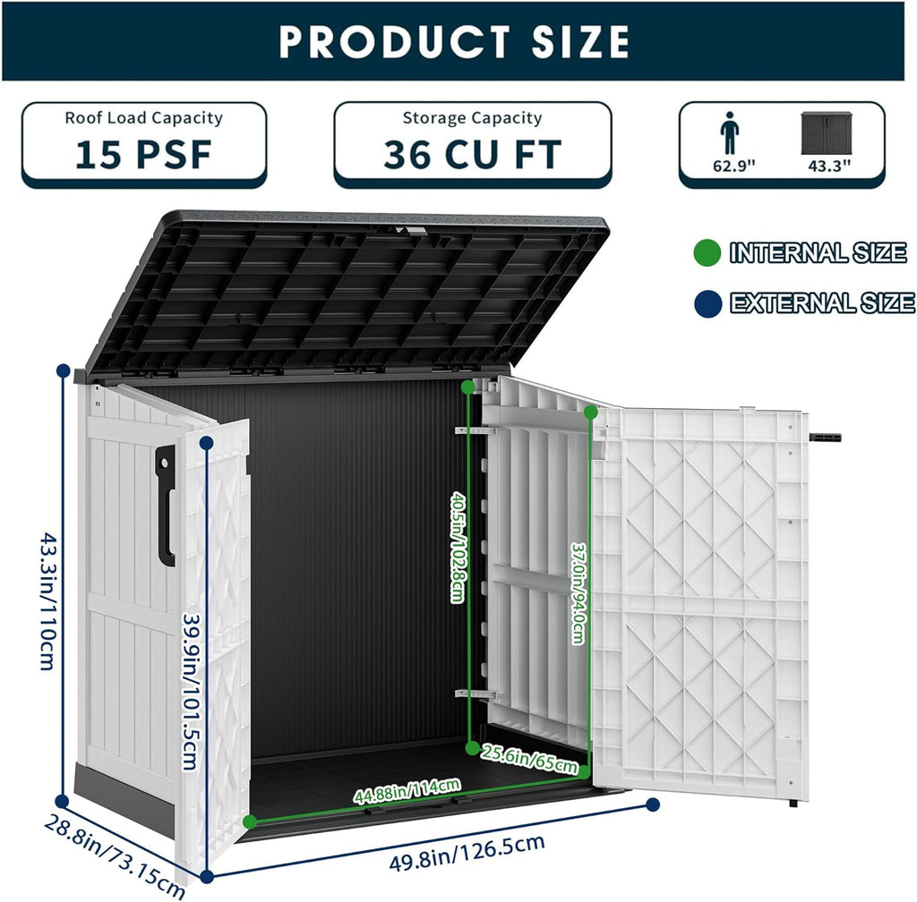 Outdoor Resin Storage Shed 36 Cu. Ft. Garden Horizontal Storage Extra Large Capacity Weather Resistant Storage Box, Lockable Resin Waterproof Shed, Light Grey