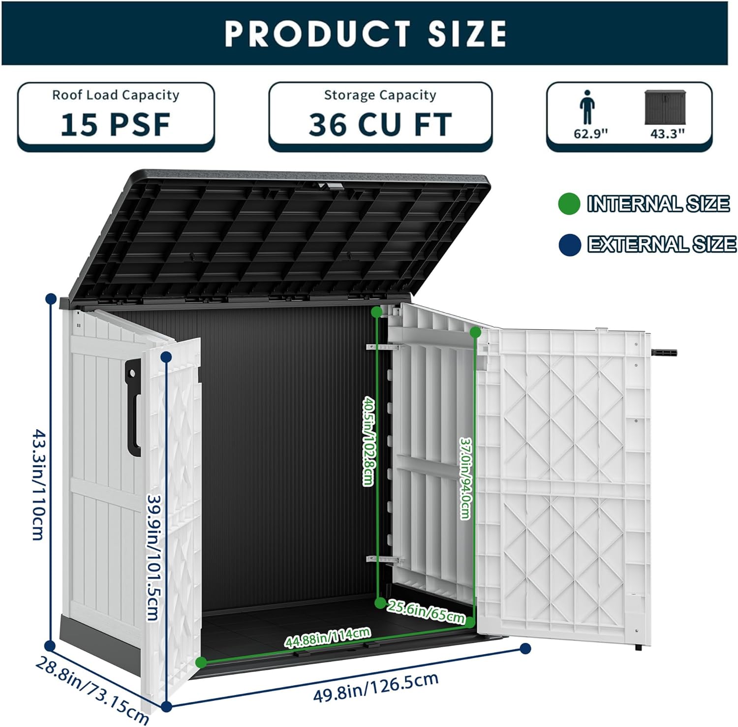 Outdoor Resin Storage Shed 36 Cu. Ft. Garden Horizontal Storage Extra Large Capacity Weather Resistant Storage Box, Lockable Resin Waterproof Shed, Light Grey
