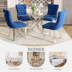 51 Inch Glass Dining Table Set for 4, Rectangular Glass Kitchen Table with 4 Upholstered Velvet Accent Chairs, 5 Piece Modern Dining Room Set, for Home, Apartment, Small Spaces - Blue Silver