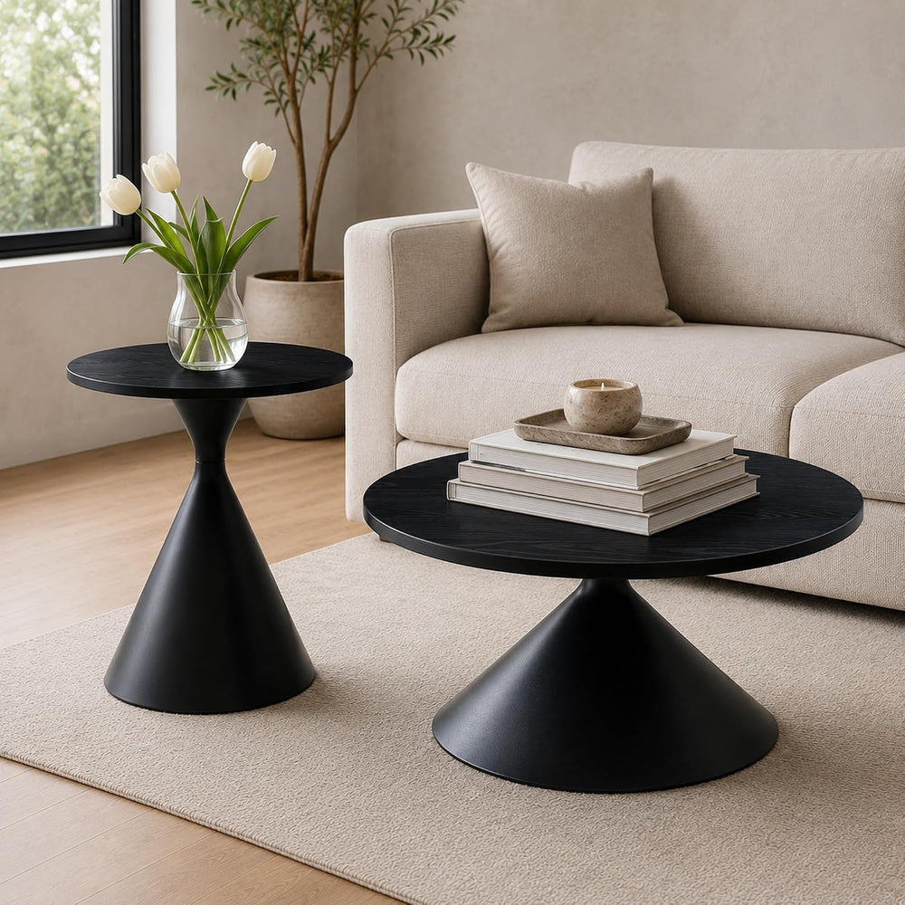 Coffee Table Set, 2-Piece Round Side Tables with Black Patterned Top & St...
