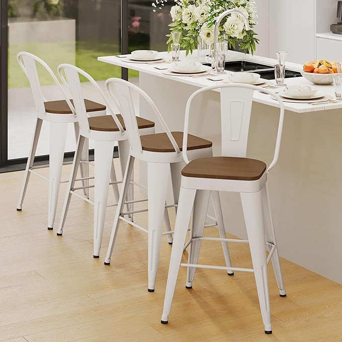 Andeworld Metal Bar Stools Set of 4, 30 inch Bar Height Barstools with Backs Farmhouse Modern High Back Bar Stools with Larger Seat Kitchen Dining Bar Chairs,Off White