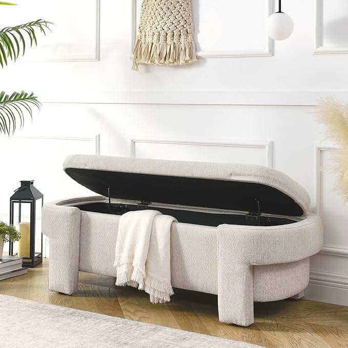 Oval Storage Bench,Upholstered Ottoman with Hinges,Easy to Install,for Living Room,Entryway,Bedroom,Beige