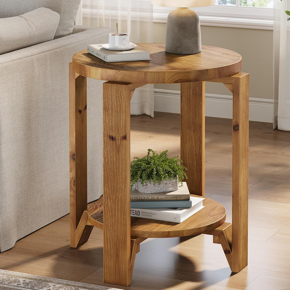 Solid Wood End Table, 2-Tier Round Wood Side Table for Living Room, Farmhouse...