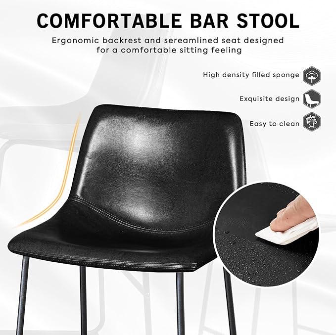 LEMBERI 26 inch Bar Stools Set of 4, Modern Counter Height Bar Stools, Faux Leather Barstool with Back and Metal Leg, Armless Bar Chairs for Kitchen Island (Black, 4pcs 26")