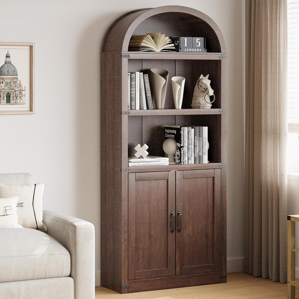 GarveeHome Bookcase with Doors Arched Bookshelf 71.65in Tall Bookcase Farmhou...