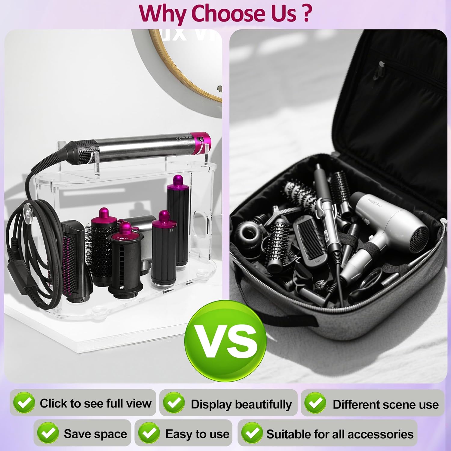 2025 New Storage Holder for Dyson Airwrap Hair Tool Organizer Accessories, Clear Acrylic Hair Dryer Rack 6 Holes Countertop Desktop Styler Stand Bathroom Organizer with Cord Hanger