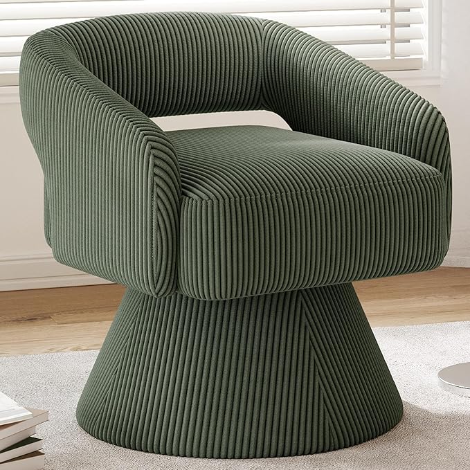 LINSY Swivel Barrel Chair, 360 Modern Swivel Accent Chair Boucle Swivel Chair Round, Green Corduroy Chairs with Arms, Small Barrel Chair for Small Spaces Bedroom Living Room