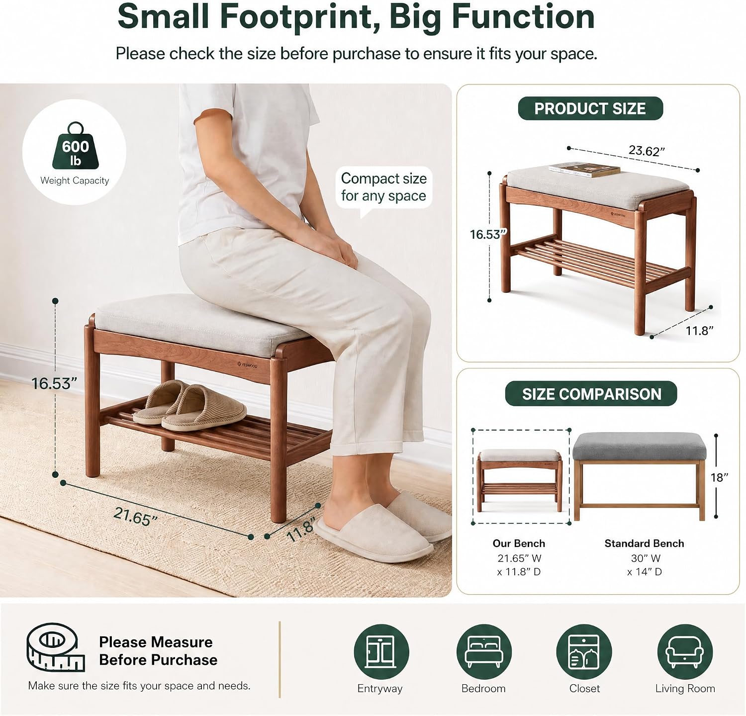 Solid Wood Shoe Bench, 24 Inch Entryway Bench with Light Gray Cushion | Warm walnut wood grain and light gray cushion create an elegant neutral bench for modern home interiors.